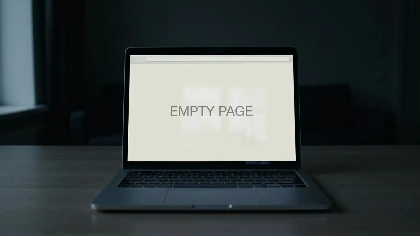 Blank browser window on a laptop screen showing a page that will not load