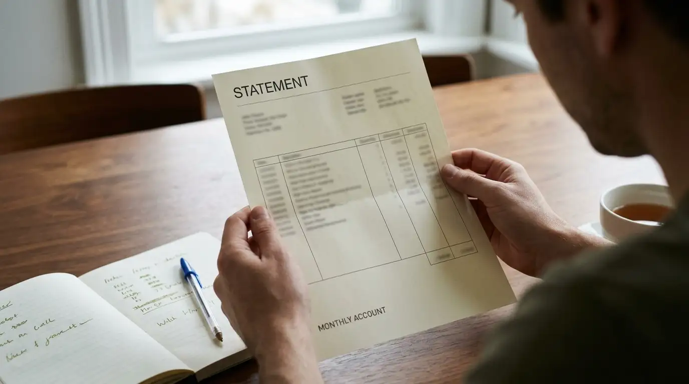 Person reviewing a printed monthly card statement with pen and notepad