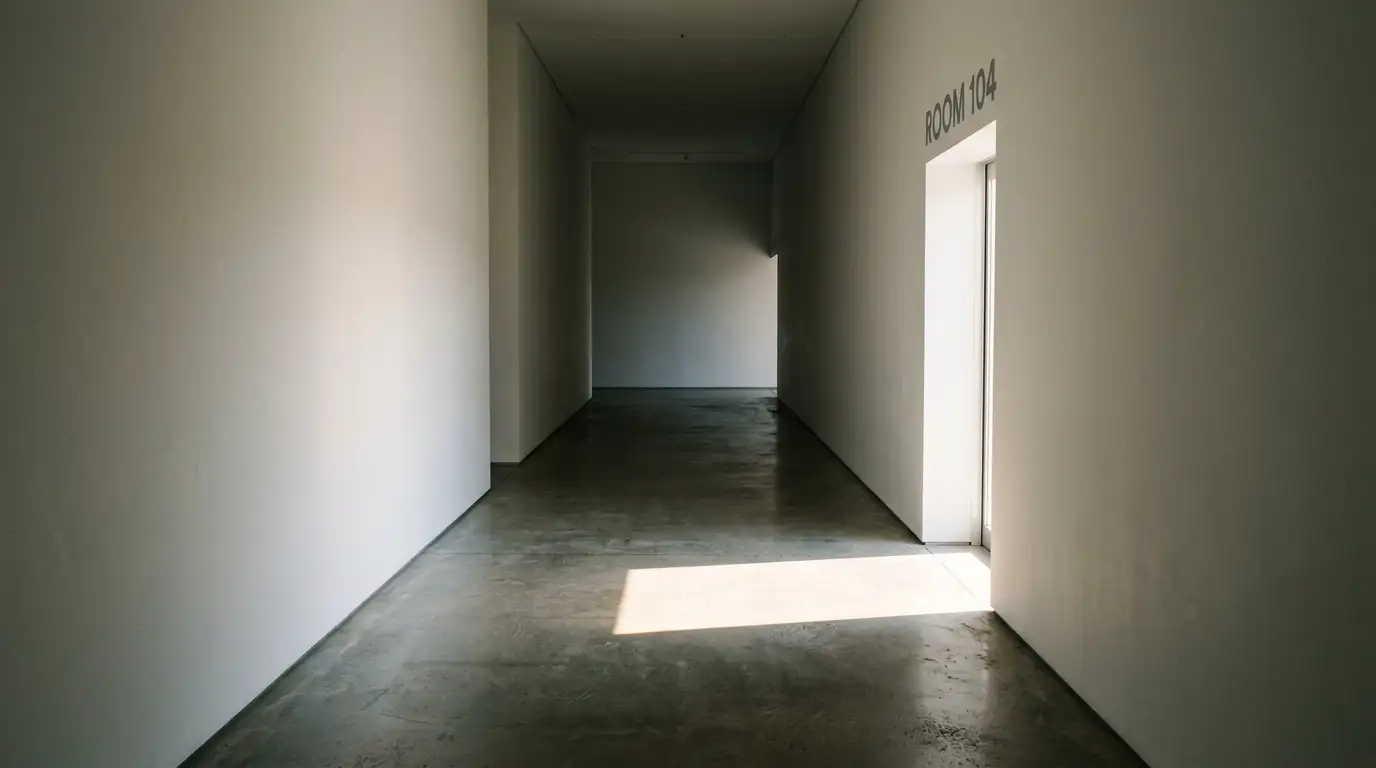 One-way doorway in a plain corridor lit from a single side