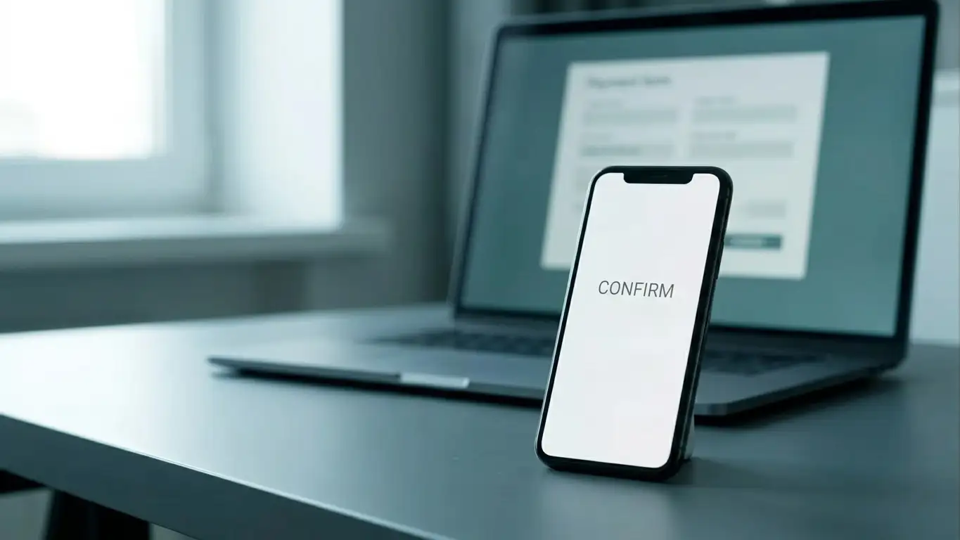Smartphone showing a two-factor confirmation prompt next to a laptop payment form