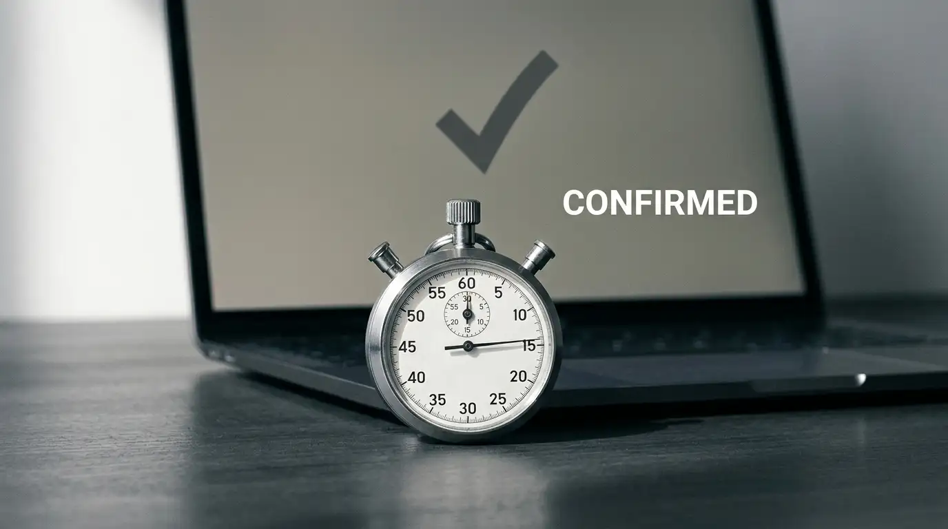Stopwatch beside a laptop showing a plain transaction confirmation screen