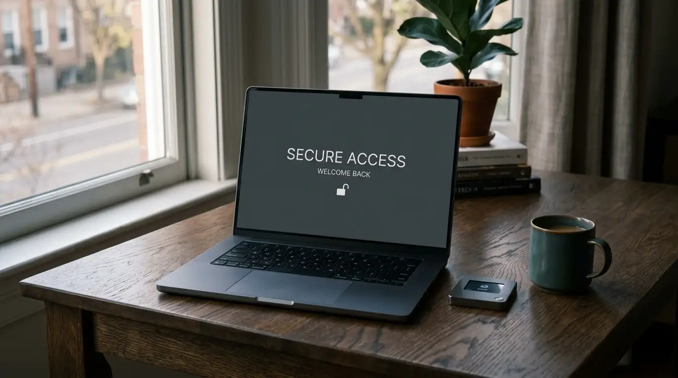 Laptop and hardware wallet on a desk representing anonymous crypto casino play in Australia