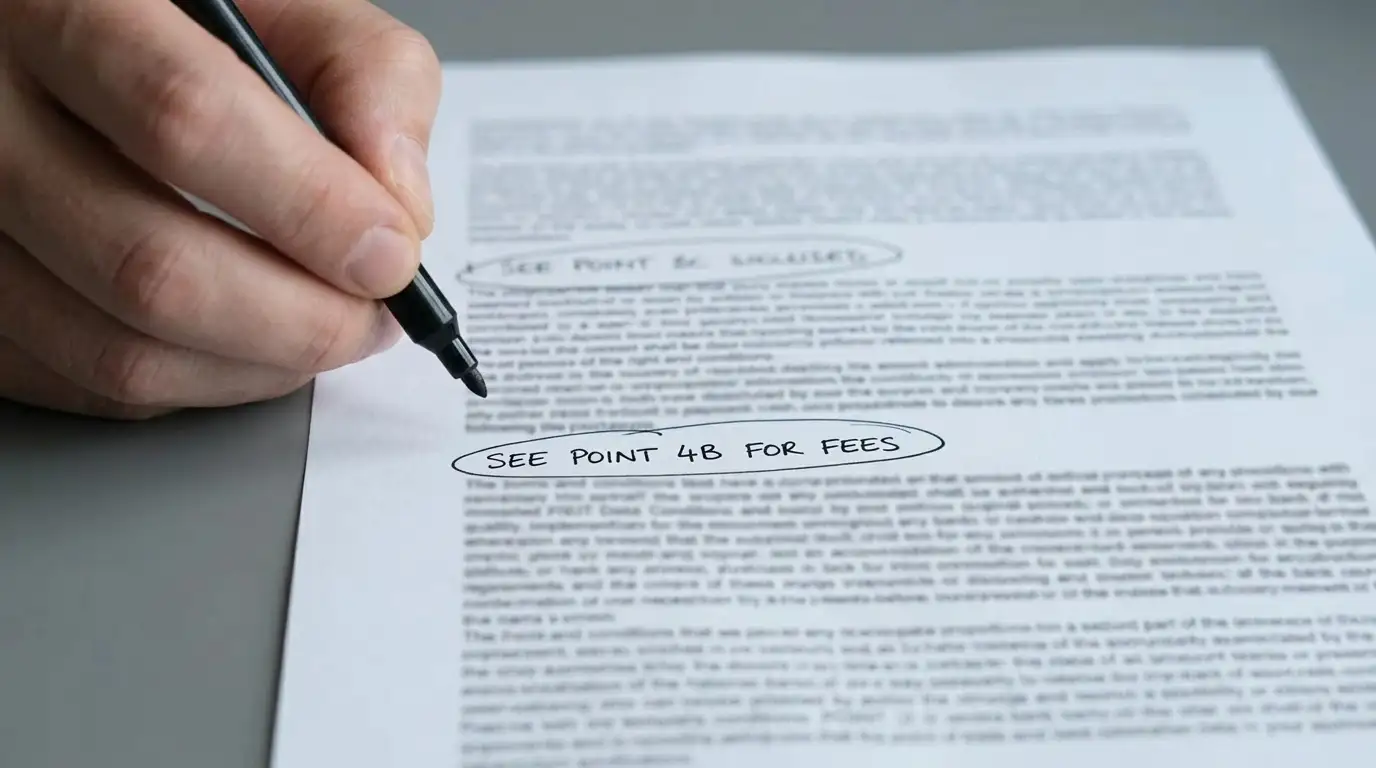 Hand marking two different figures on a printed terms and conditions sheet
