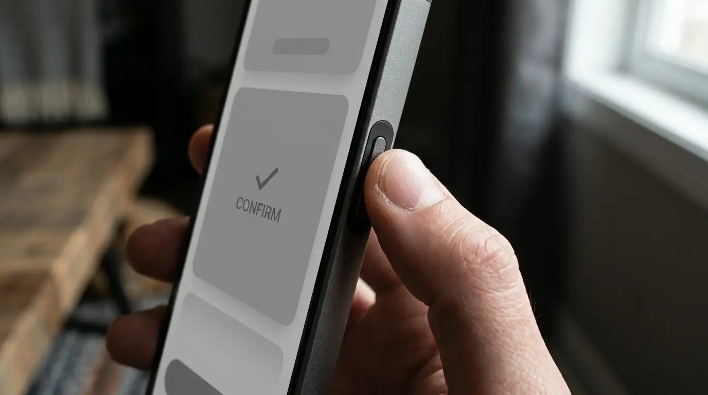 Close-up of a thumb resting on an iPhone side button to confirm a payment