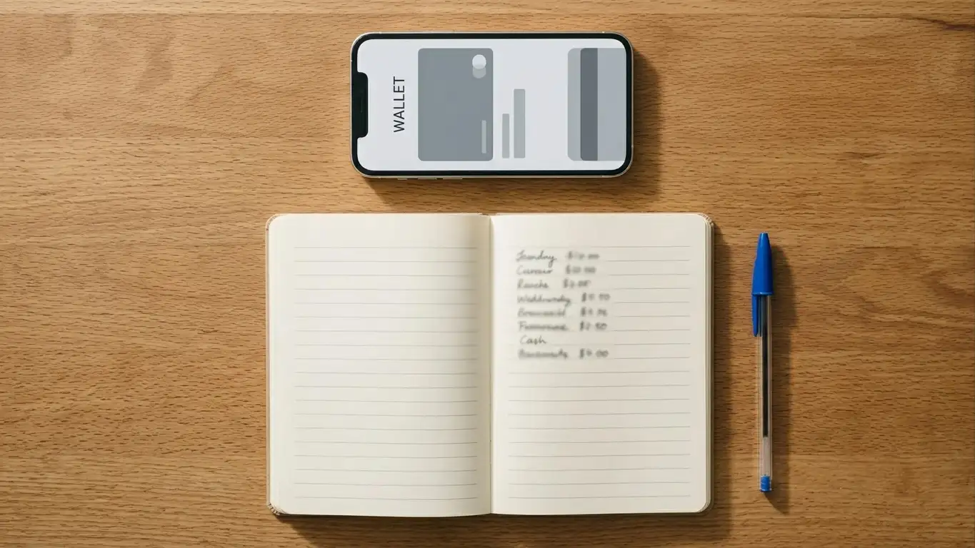Notepad listing casino brand names beside a phone showing a payment wallet