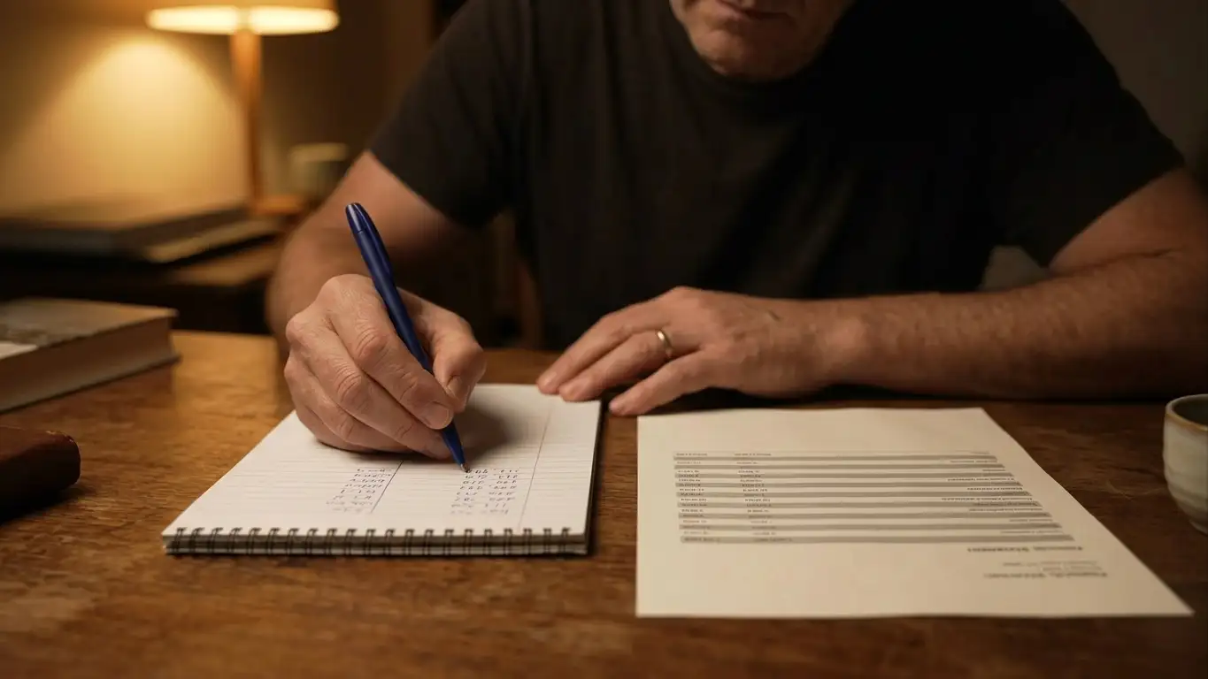 Person at a desk working through figures with a pen and notepad