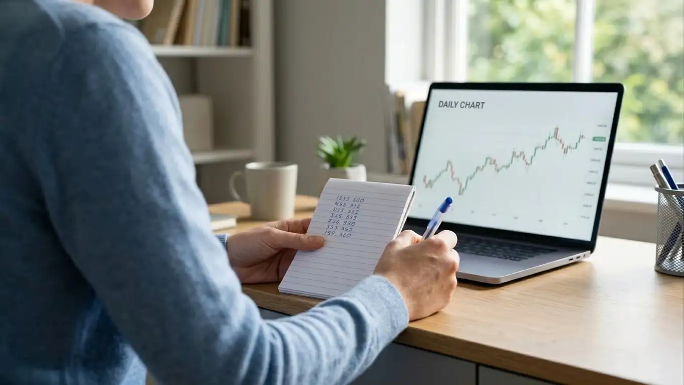 Person at a desk writing figures in a notepad beside a laptop showing a plain exchange interface