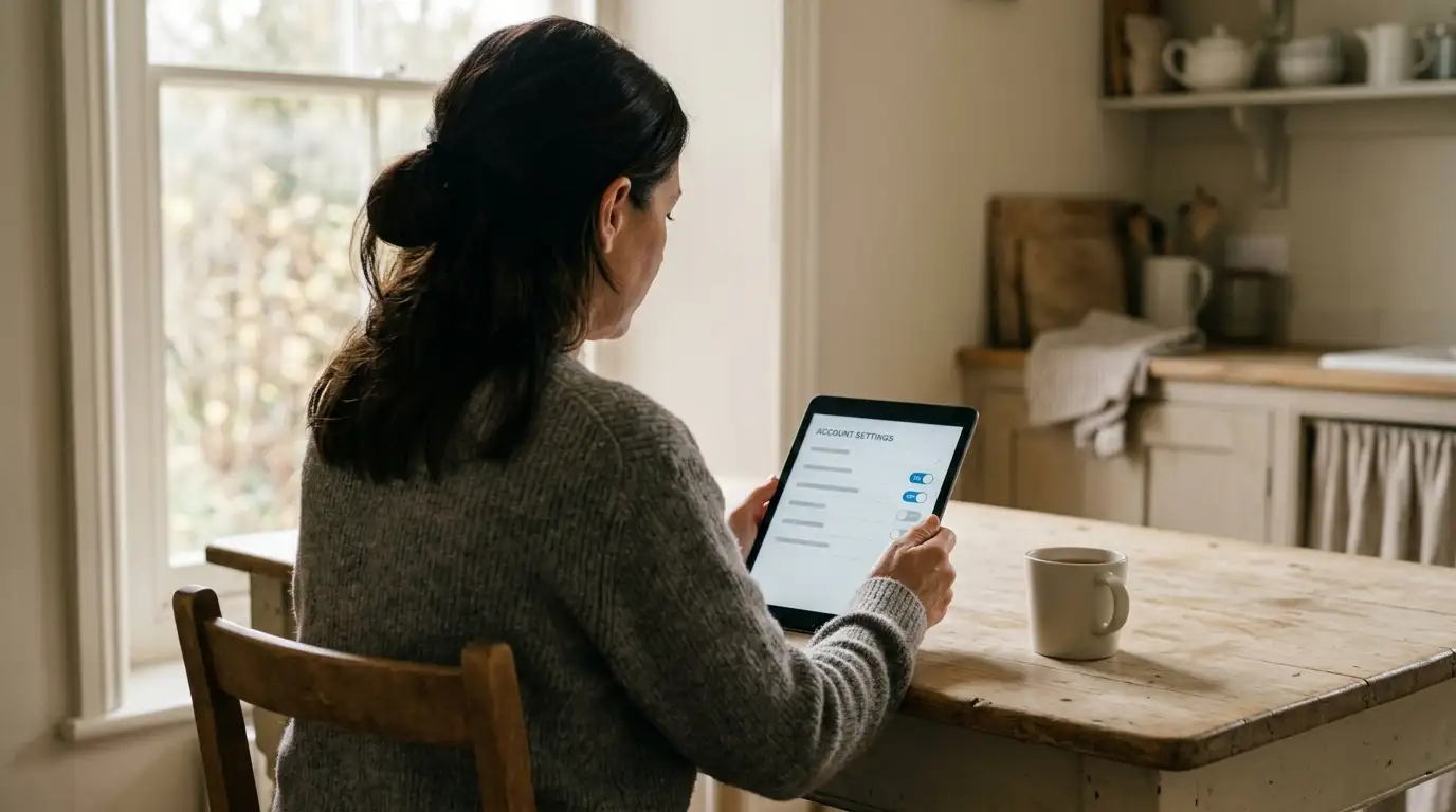 Person reviewing bank account settings with a payment restriction toggle