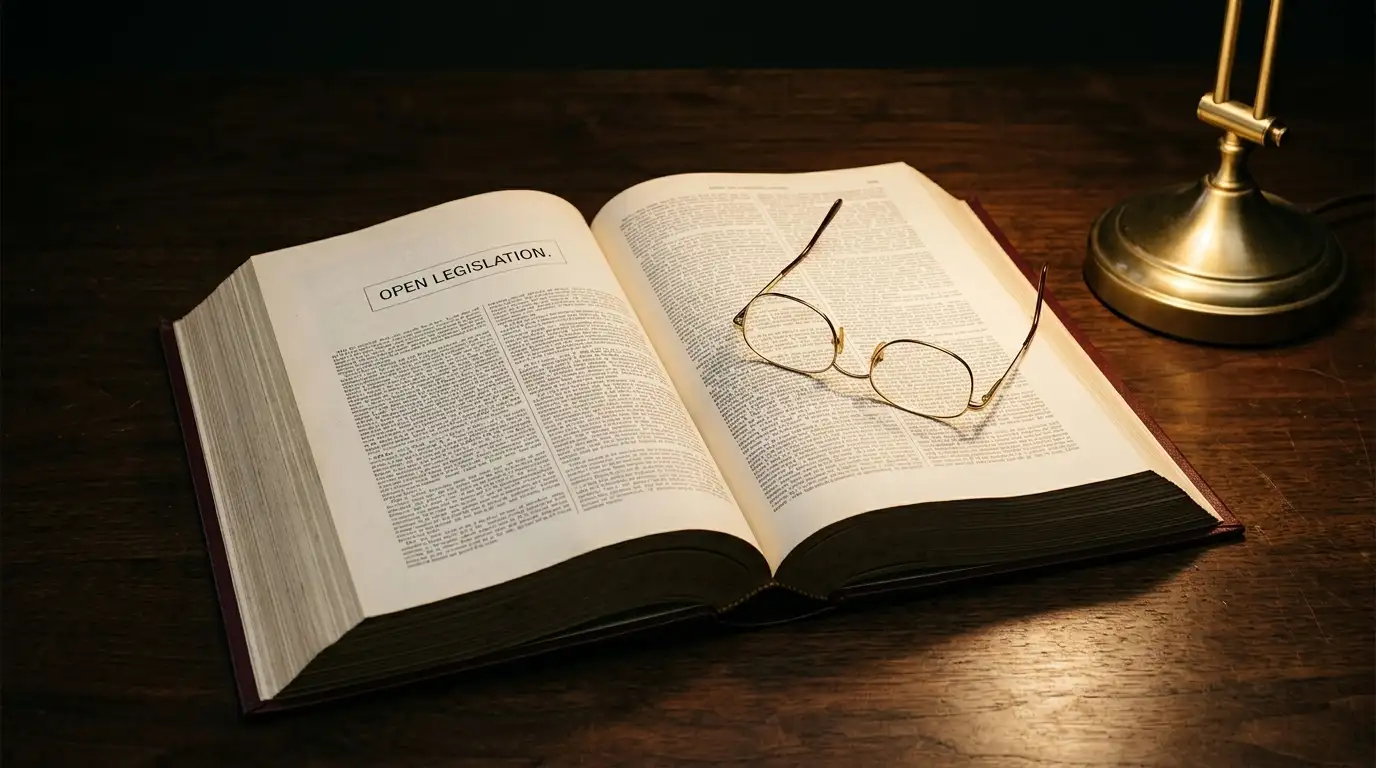 Bound legislation volume open on a quiet desk beside reading glasses