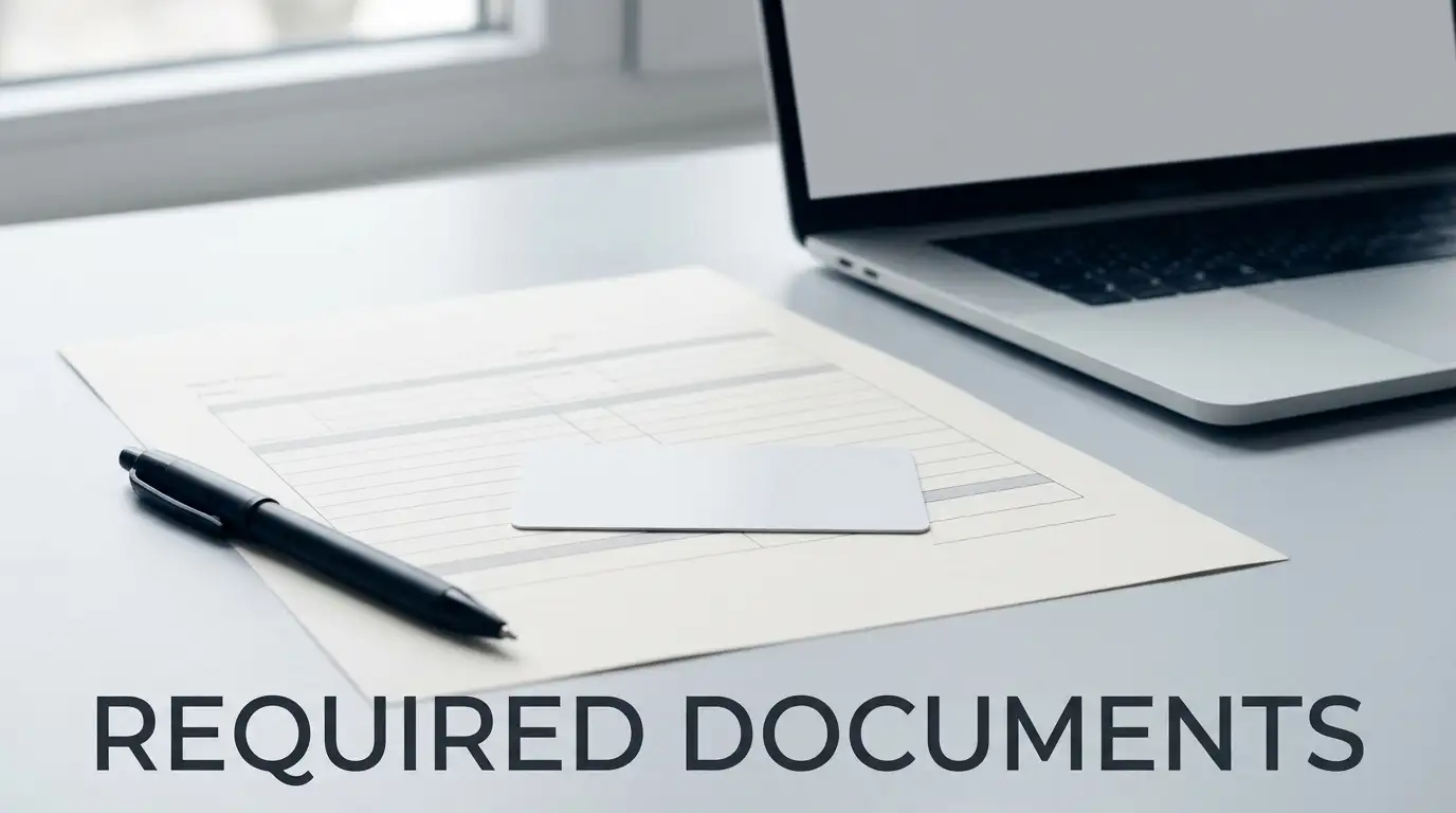 Identity document and a plain verification form on a desk beside a laptop showing an unbranded account page
