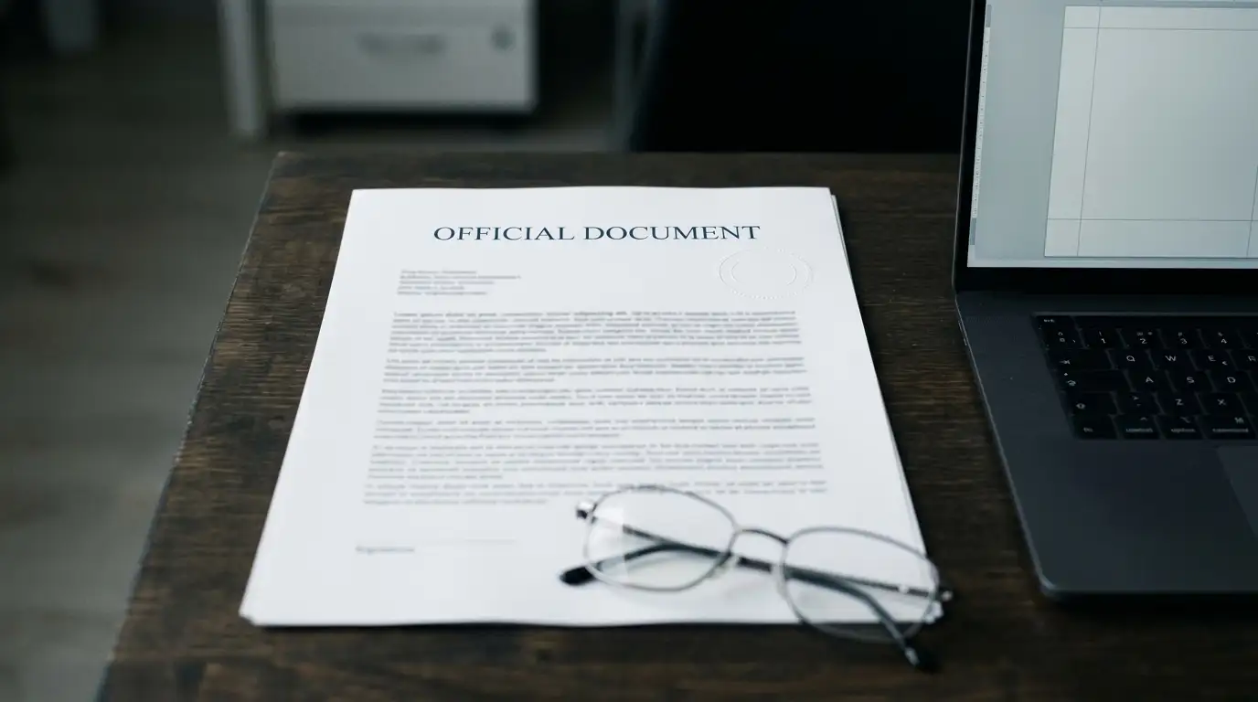 Printed licence document with an official stamp beside an open laptop showing a neutral payments page