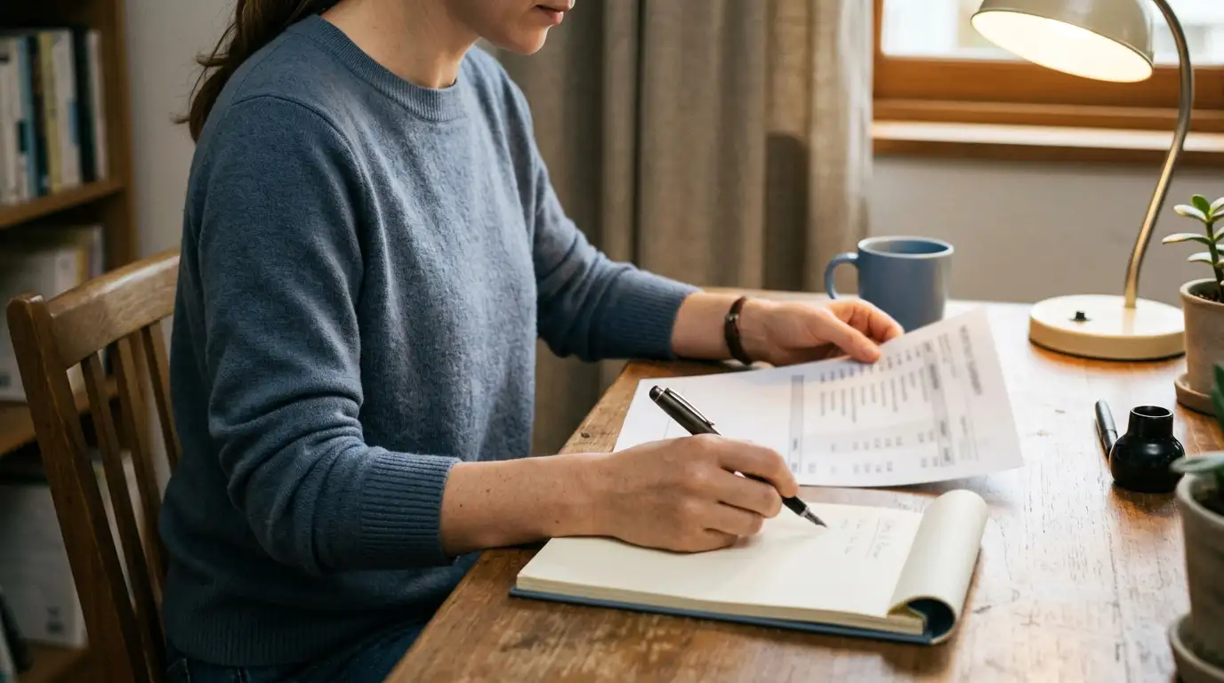 Person at a tidy desk reviewing a printed statement of withdrawal limits with a pen and notepad