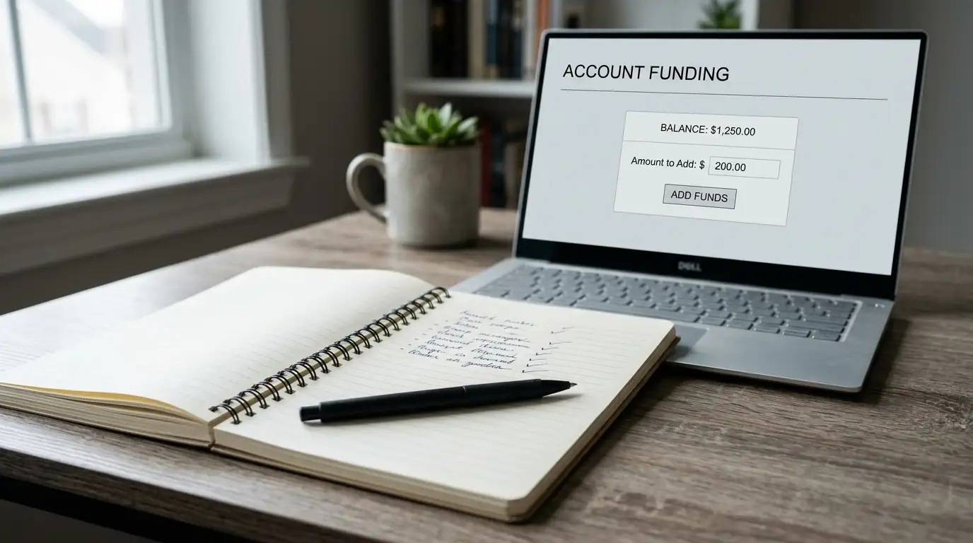 Notepad with a handwritten shortlist beside a laptop displaying a plain casino cashier page