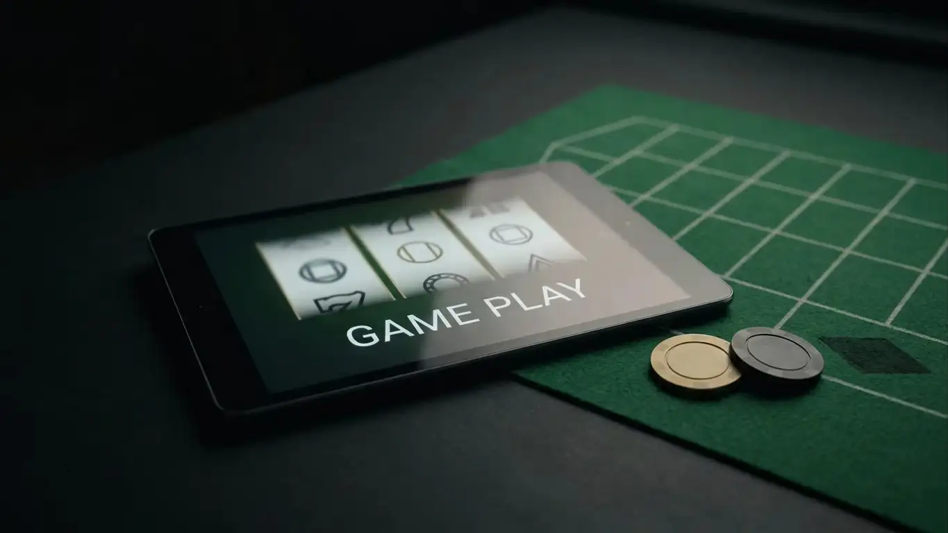 Generic spinning reels and unbranded symbols on a tablet screen beside a plain roulette layout