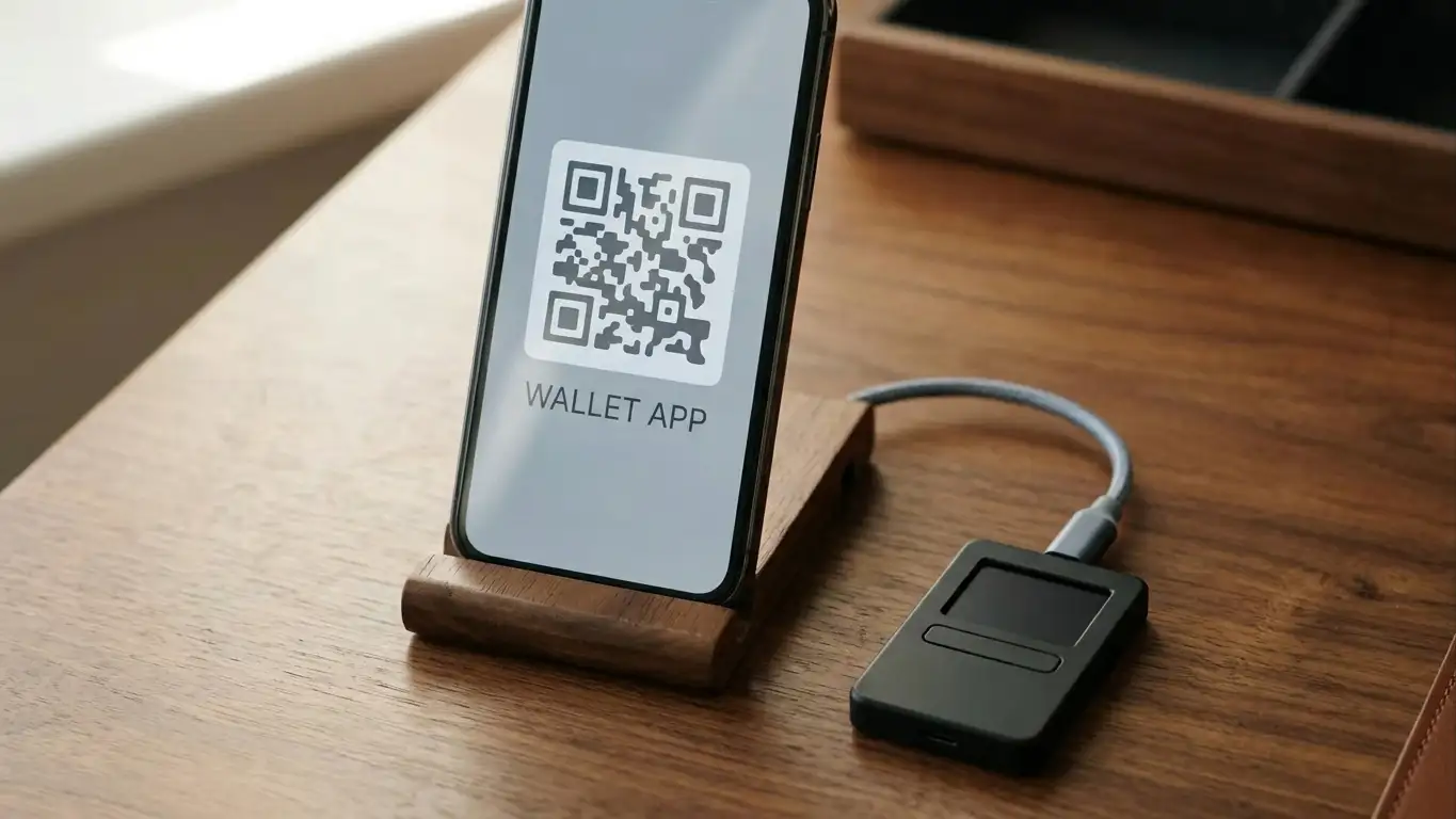 Smartphone showing a neutral wallet interface with a QR code beside a hardware wallet on a wooden desk