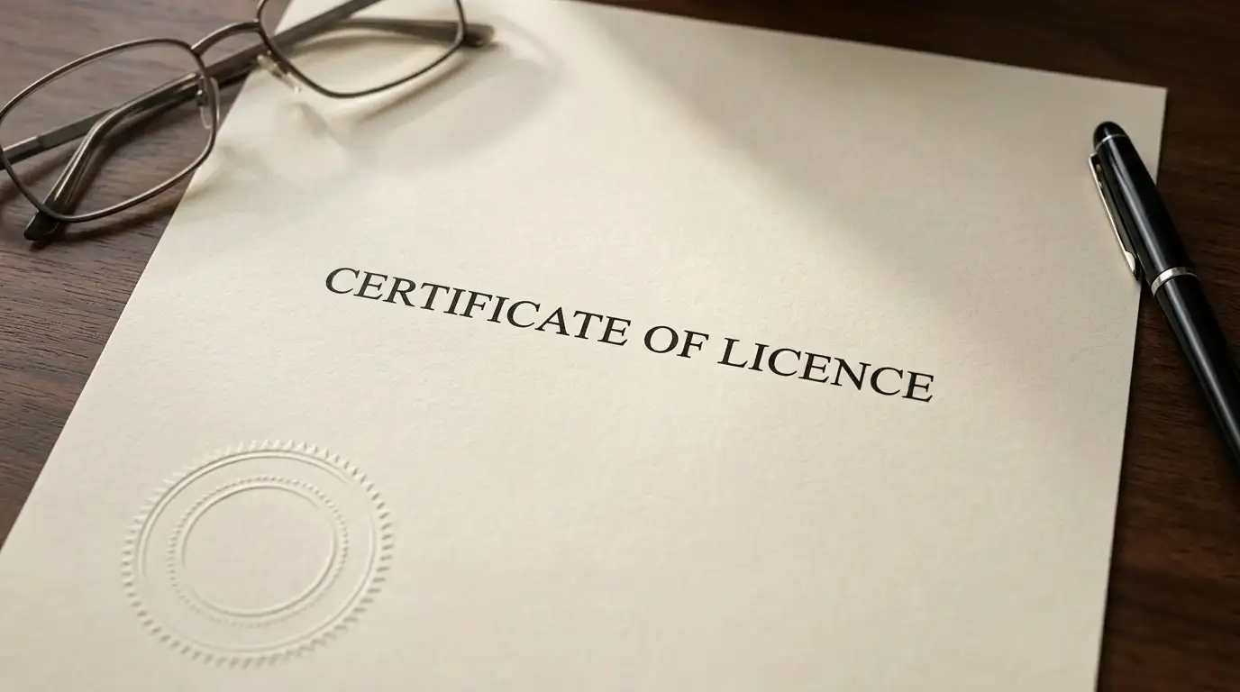 Neutral offshore gaming licence document with an official stamp lying on a desk