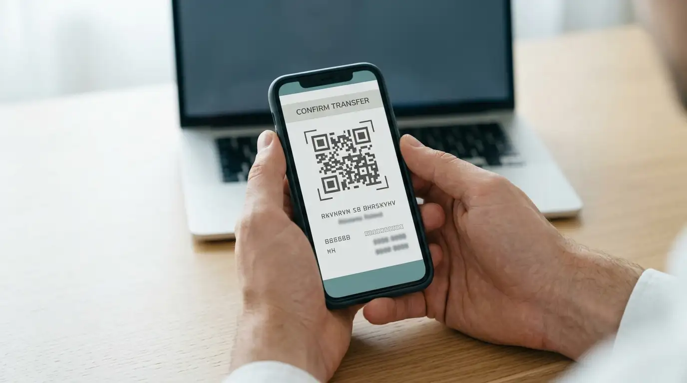 Hands holding a phone showing a crypto wallet send screen with a QR code beside a laptop