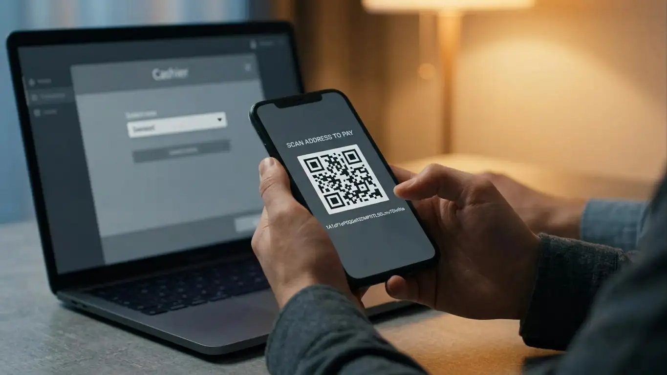 Person checking a crypto wallet address on a phone next to an open laptop cashier screen