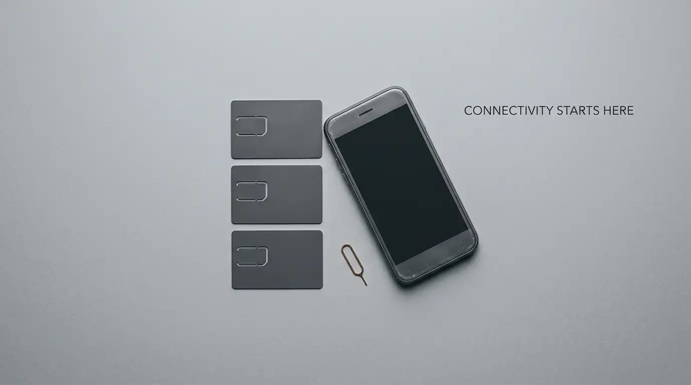 Unbranded prepaid SIM cards and a switched-off handset arranged on a plain grey surface