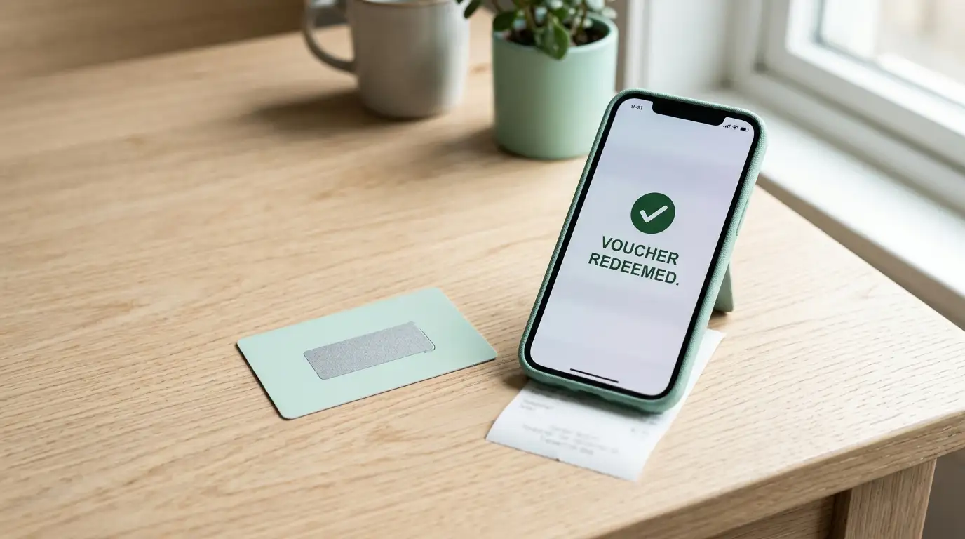 Prepaid voucher and a phone showing an instant bank transfer confirmation on a table