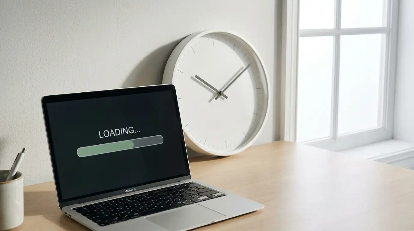 Wall clock beside a laptop displaying a pending transaction status bar
