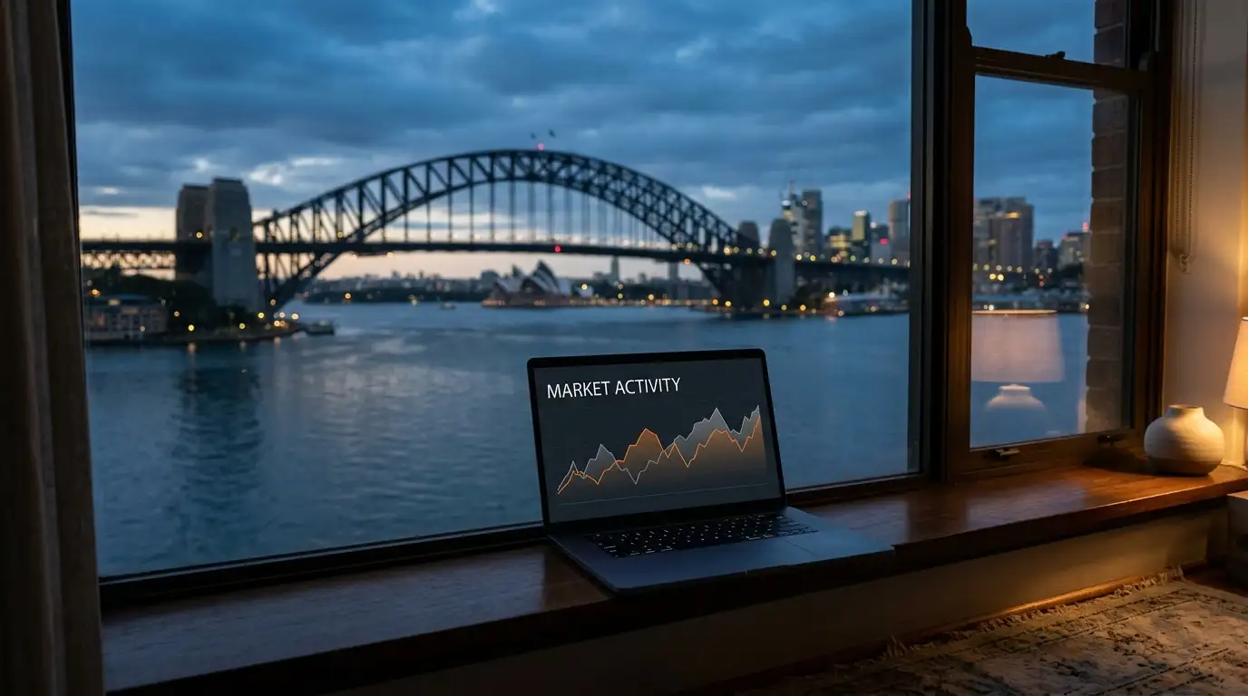 Sydney harbour skyline at dusk seen from an apartment window with a laptop in the foreground
