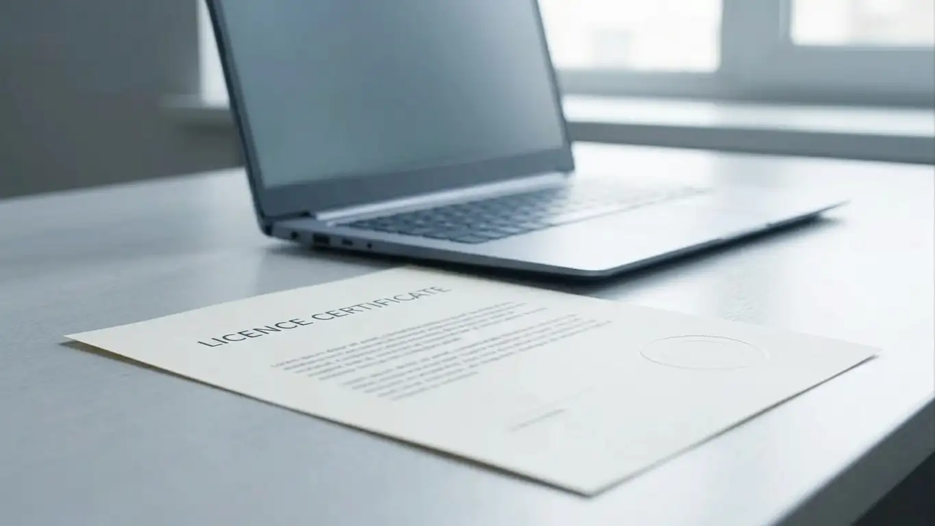 Neutral licence document beside an open laptop on a plain desk under soft daylight