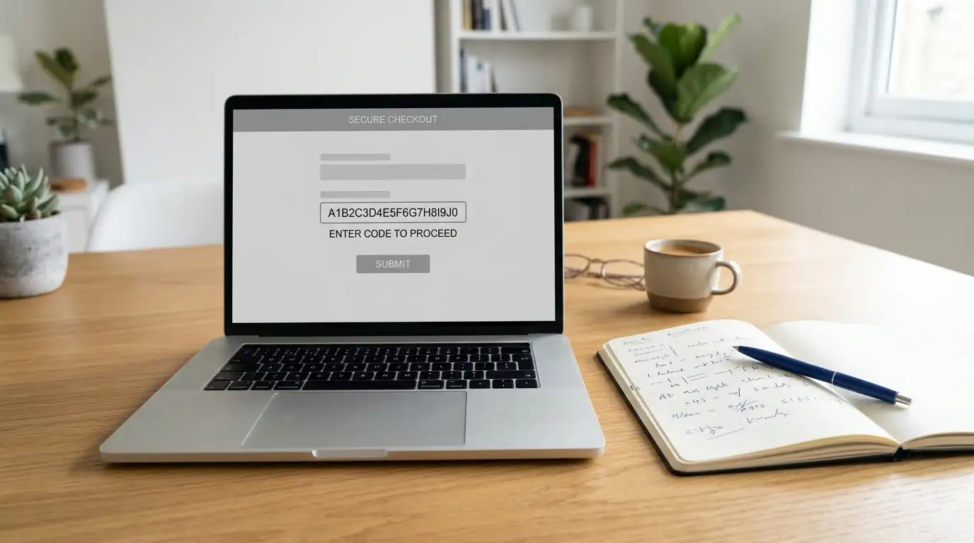 Laptop showing a plain casino cashier page with a code entry field beside a notepad