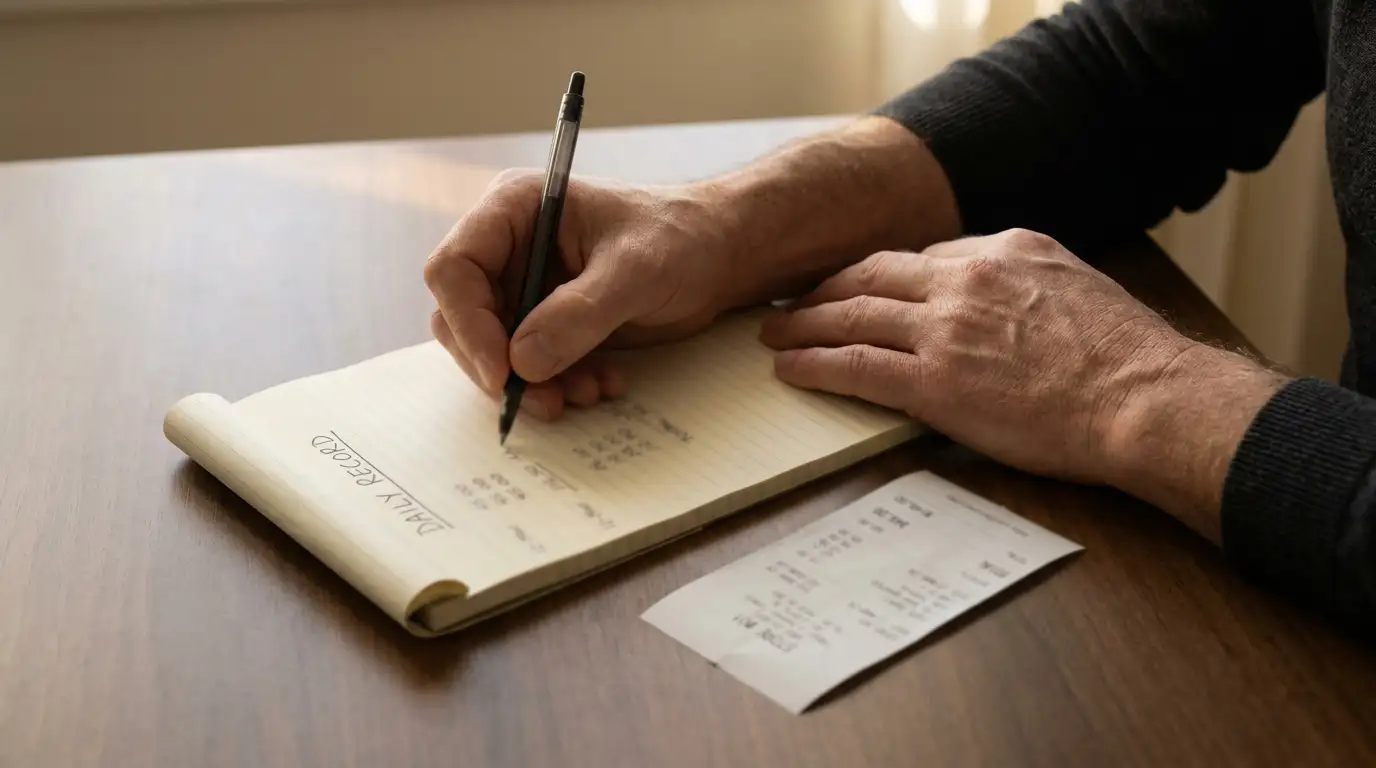 Person at a desk writing figures in a notepad beside a printed receipt