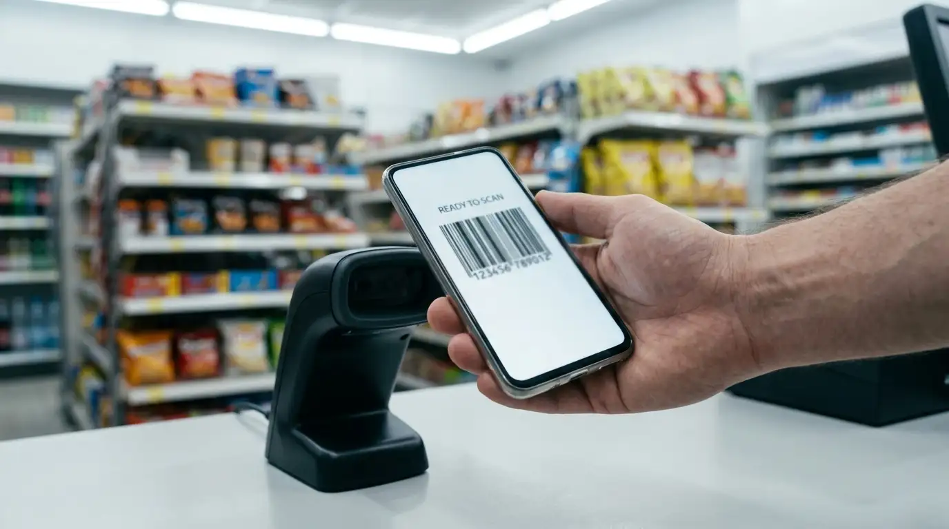 Hand holding a phone with a payment barcode at a convenience store counter