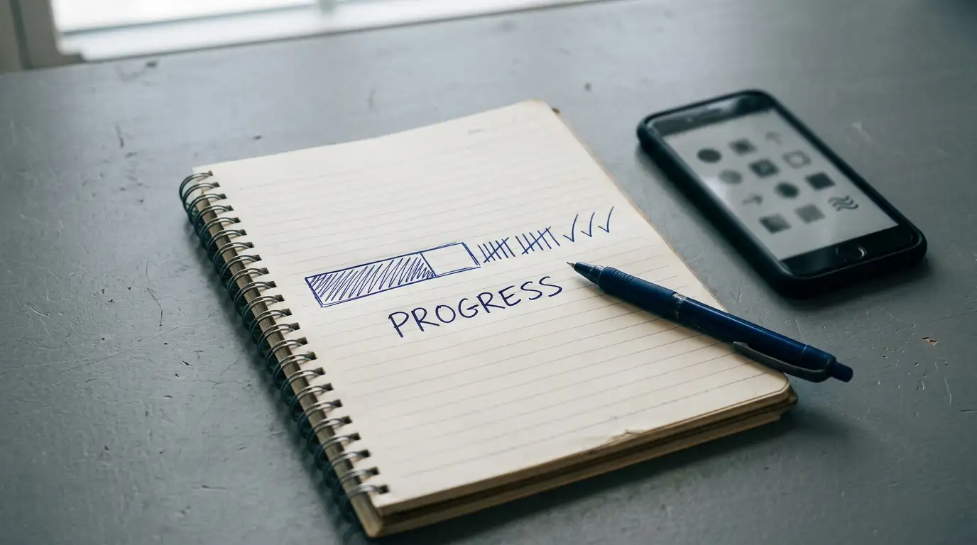 Notepad showing wagering progress notes next to a phone with a pokies reel grid