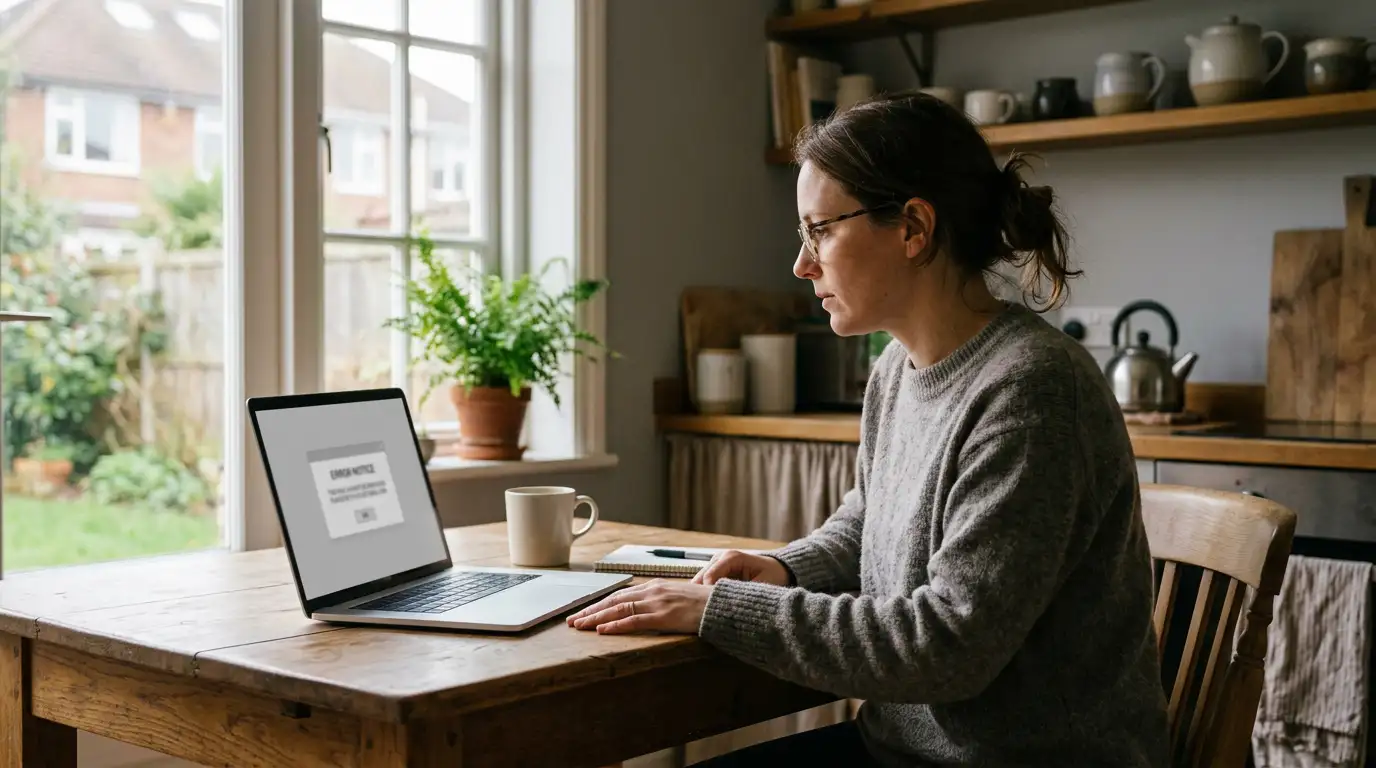 Person at a kitchen table reading a declined transaction notice on a laptop
