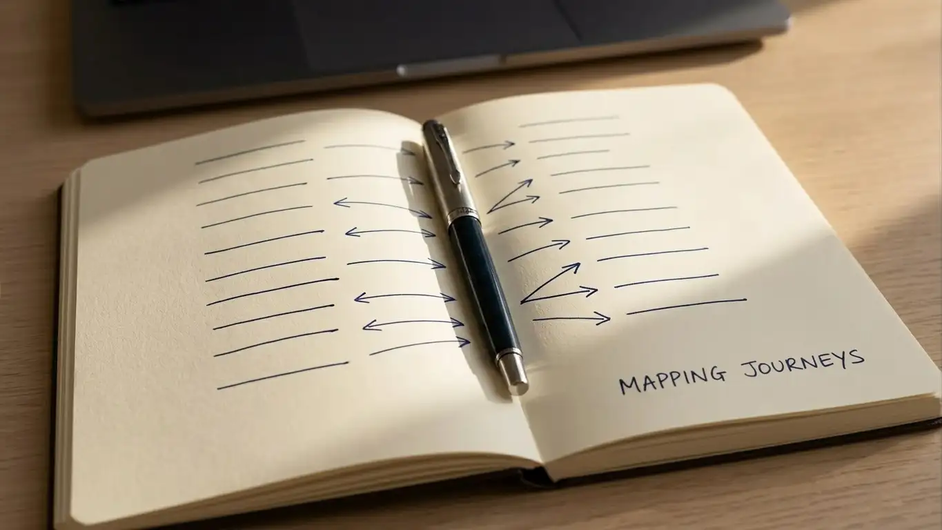 Notepad with two columns of handwritten payment routes beside a laptop
