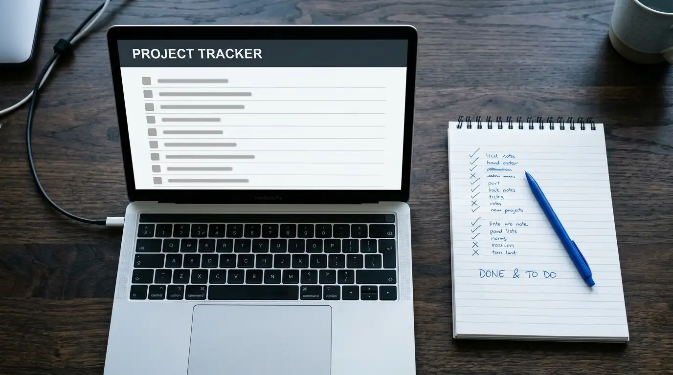 Laptop showing a neutral payment options list beside a notepad of ticks and crosses