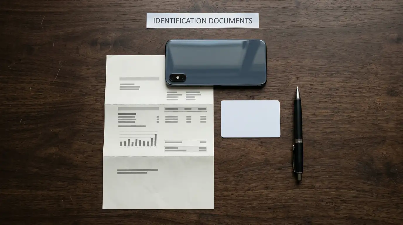 Identity document and a utility statement laid out beside a phone camera on a desk