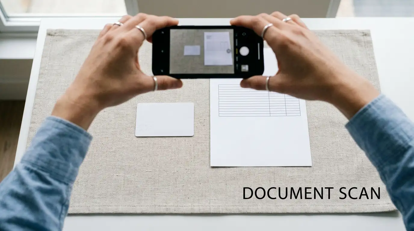 Identity document and a utility bill laid out beside a phone camera on a desk