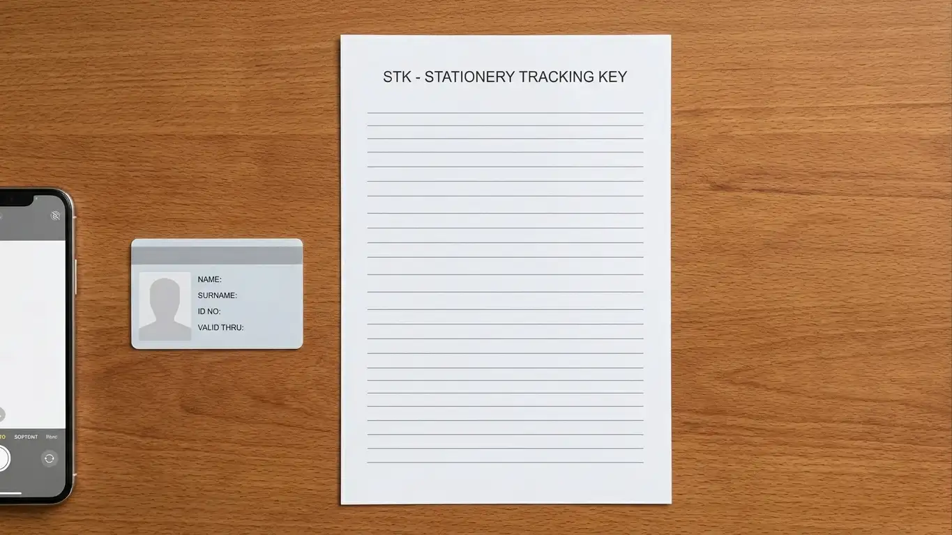 Identity document and a printed statement laid flat beside a laptop for verification upload