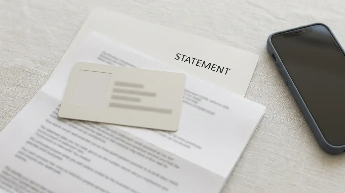 Identity documents and a printed statement arranged neatly for a verification check
