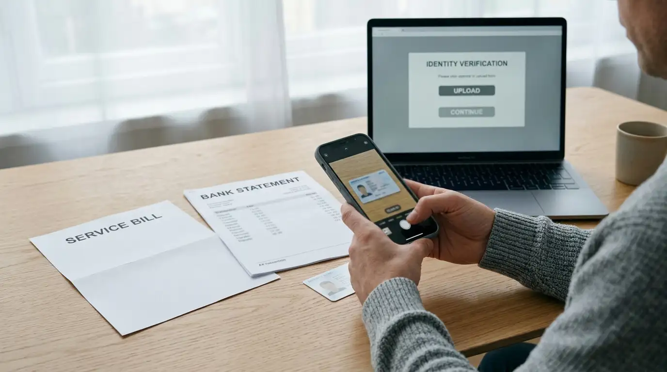Person at a desk photographing an identity document with a phone for an upload form