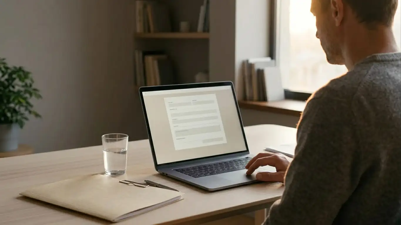 Person at a laptop reviewing a withdrawal request form on screen