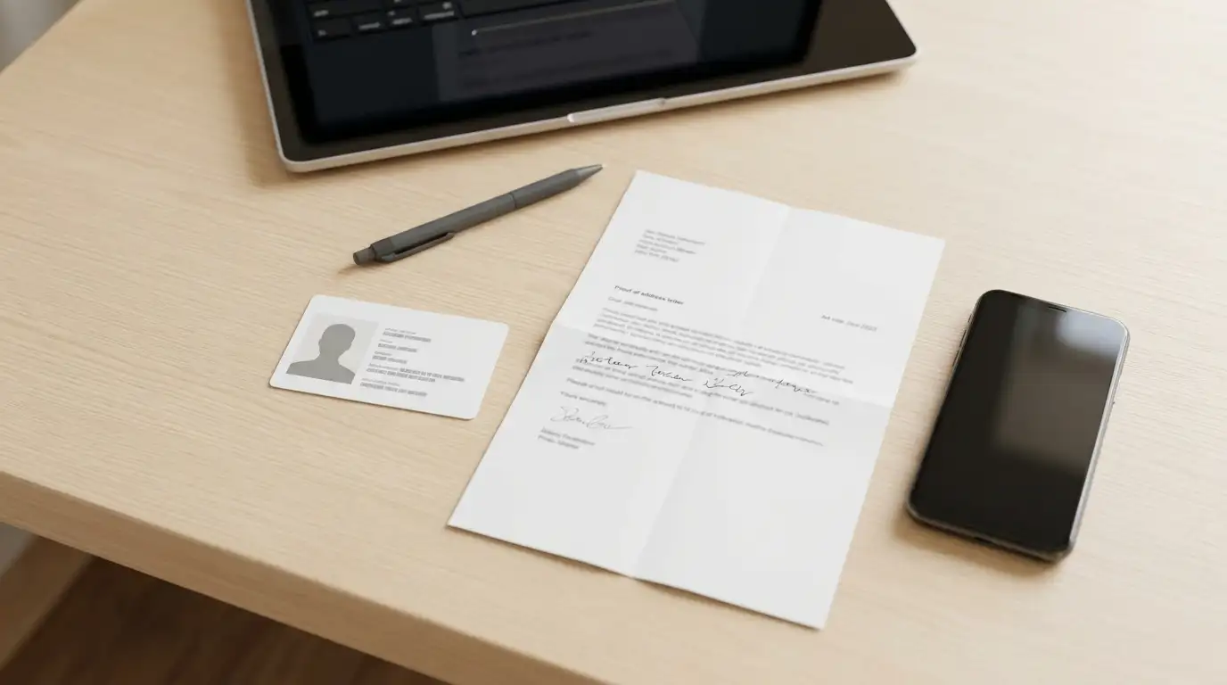 Identity documents and a proof of address letter laid out beside a laptop for account verification