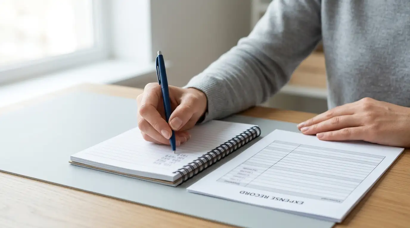 Person at a desk writing figures in a notepad next to a printed statement