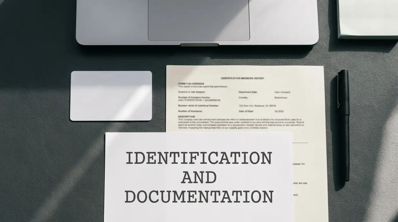 Identity document and a utility statement laid flat beside a laptop for account verification