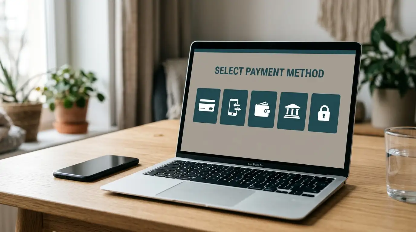 Laptop showing an online casino cashier with an e-wallet payment option selected