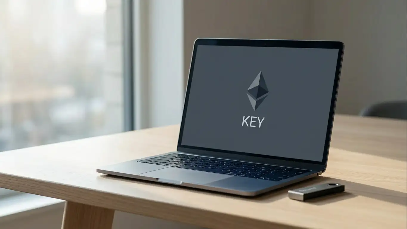 Laptop and hardware wallet on a desk with an Ethereum symbol on screen