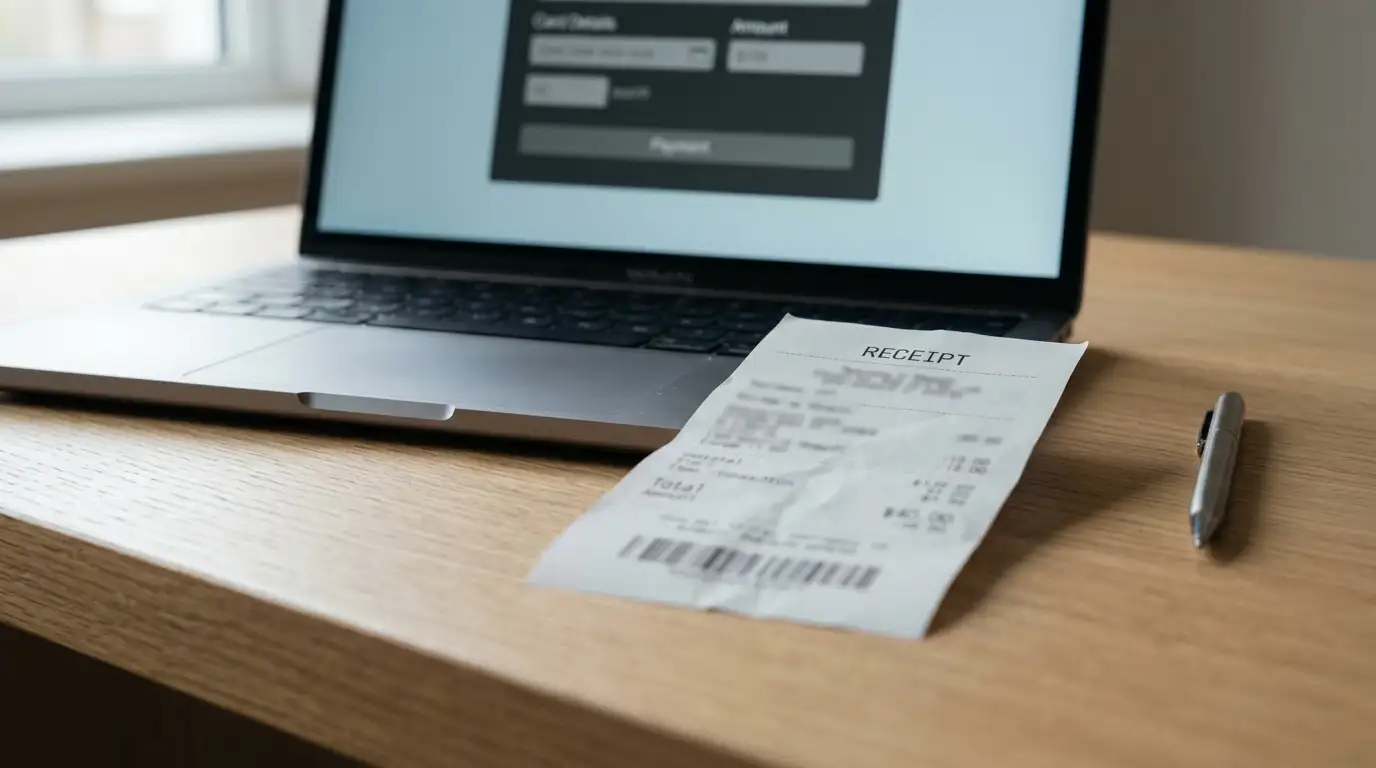 Printed prepaid voucher receipt beside a laptop showing an online casino cashier screen