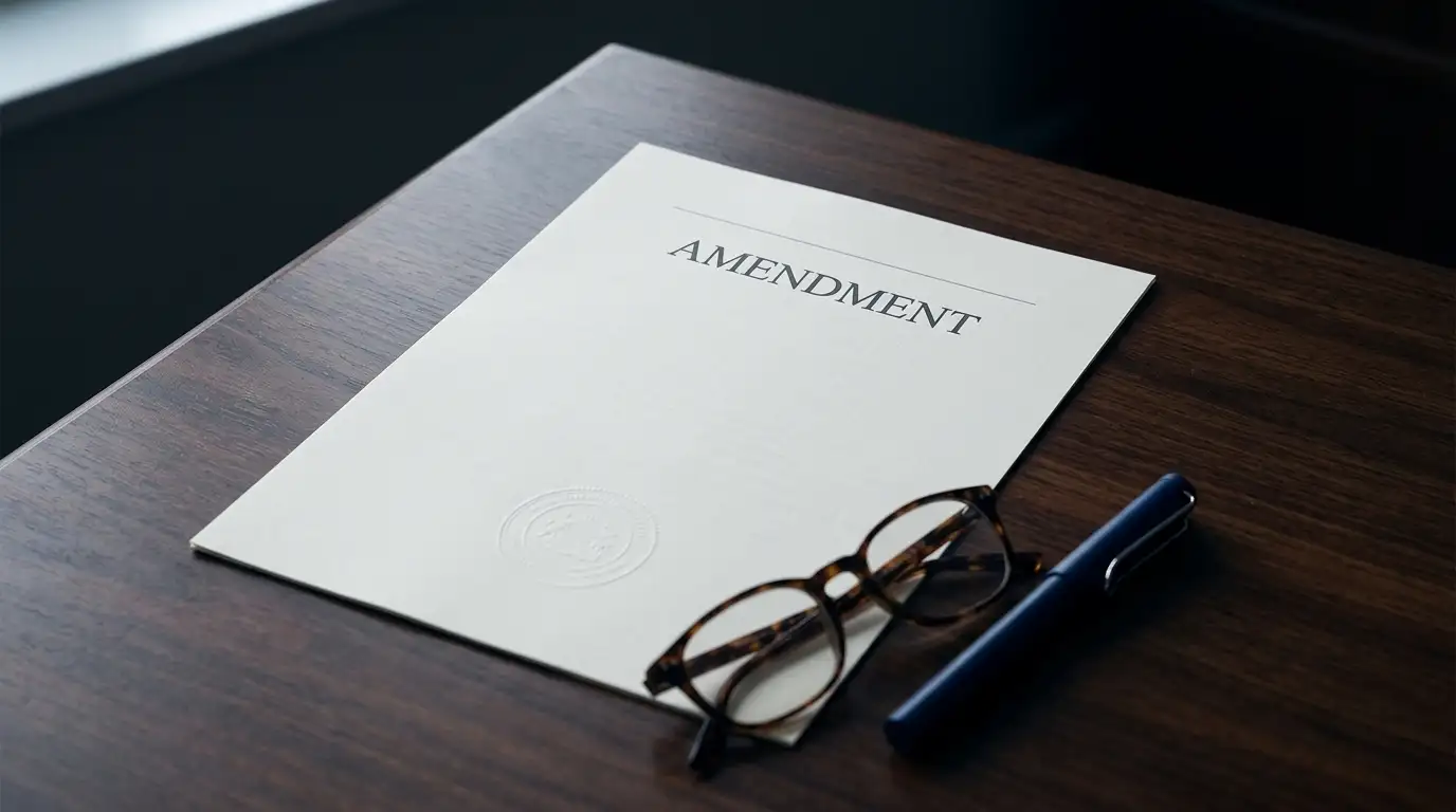 Printed legislative amendment document with an official stamp on a desk