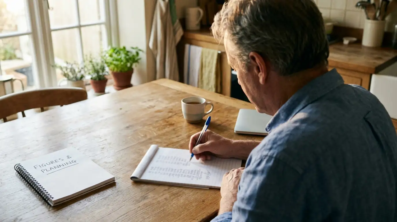 Person at a desk working out turnover figures with a pen on a notepad
