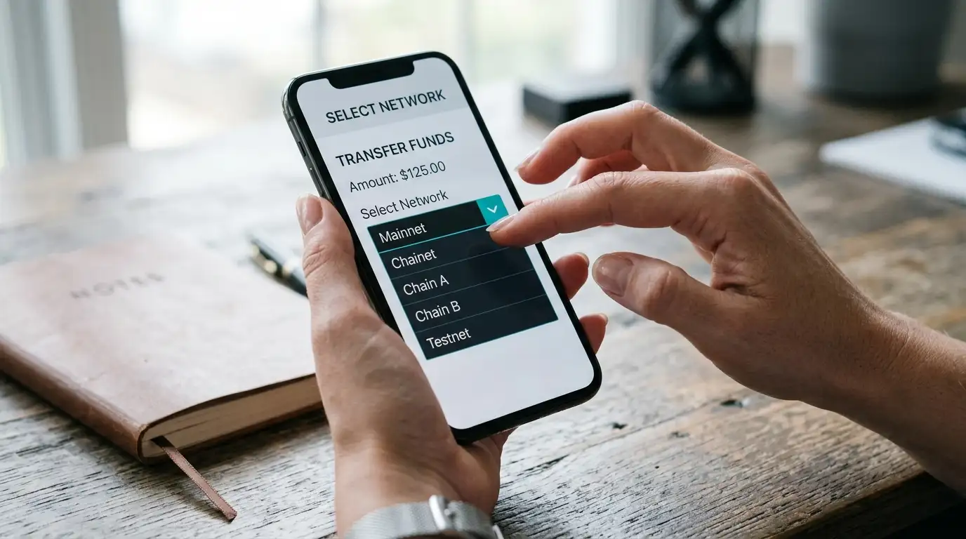 Phone wallet screen showing a network selection menu before sending a transfer