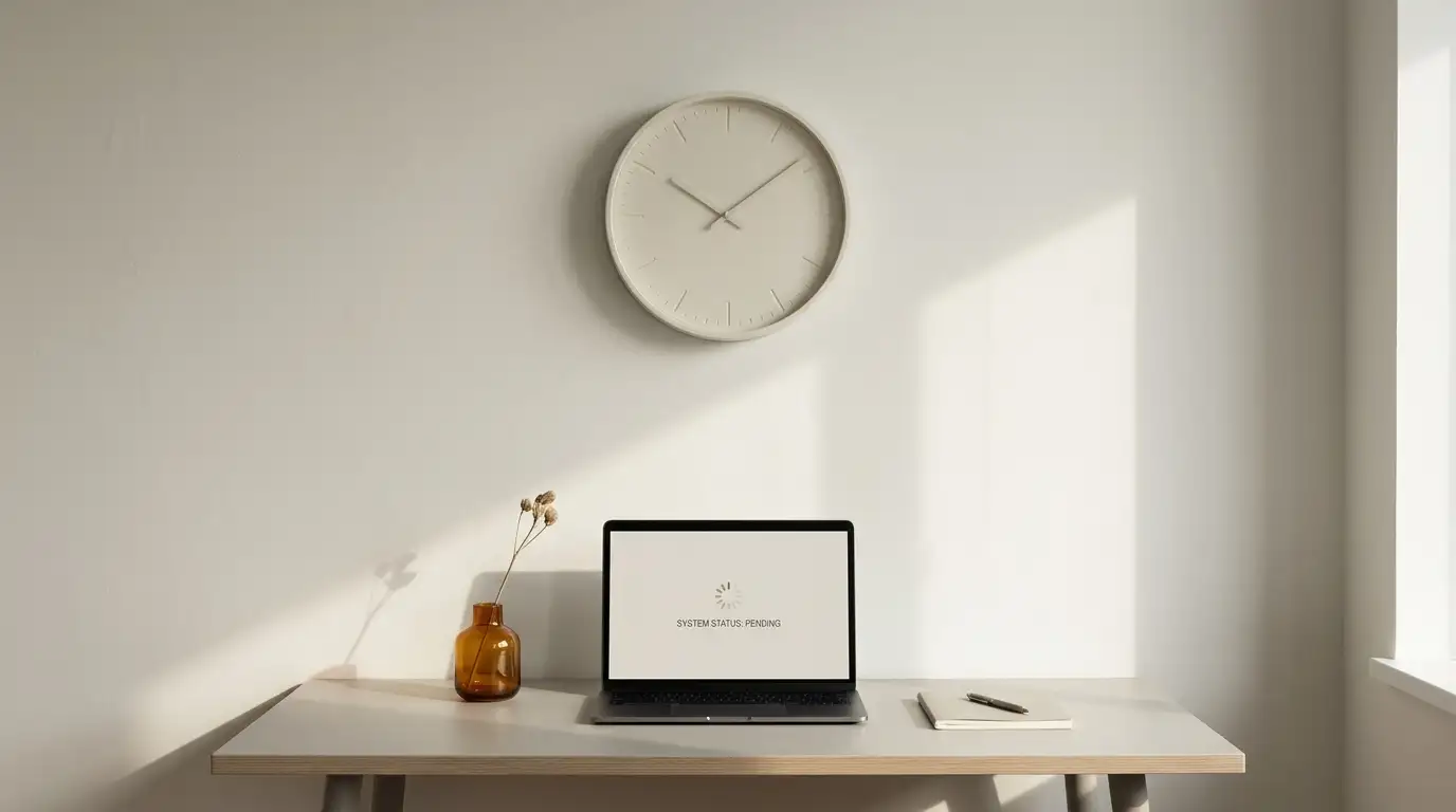 Wall clock beside a laptop displaying a pending withdrawal status screen